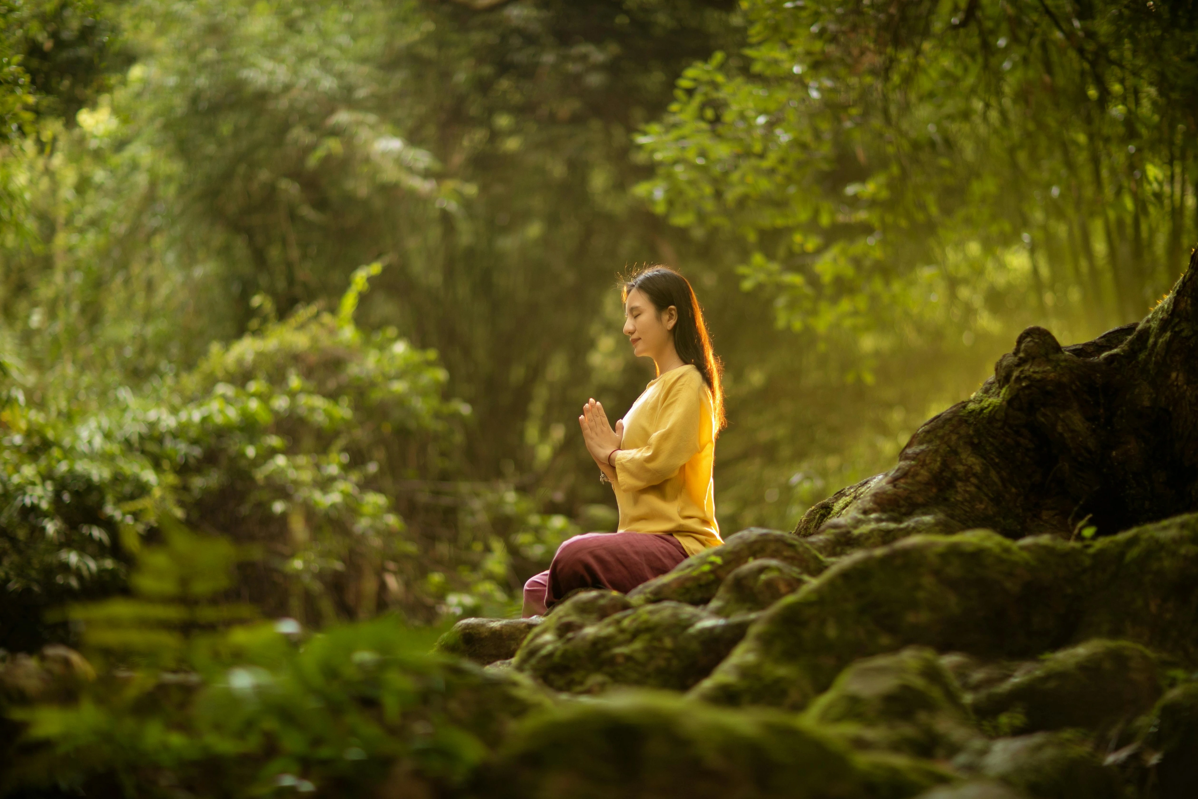 People meditating on mountain during sunset